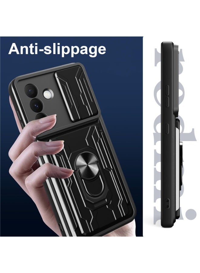 جراب شيلد لـ Samsung S25 FE بحماية كاملة ضد الصدمات وغطاء كاميرا متحرك مع دبلة معدنية وحافظة بطاقات - Image 4